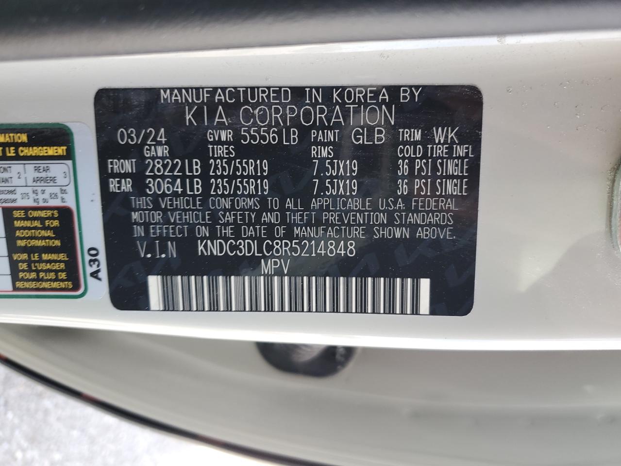 2024 KIA EV6 LIGHT VIN:KNDC3DLC8R5214848