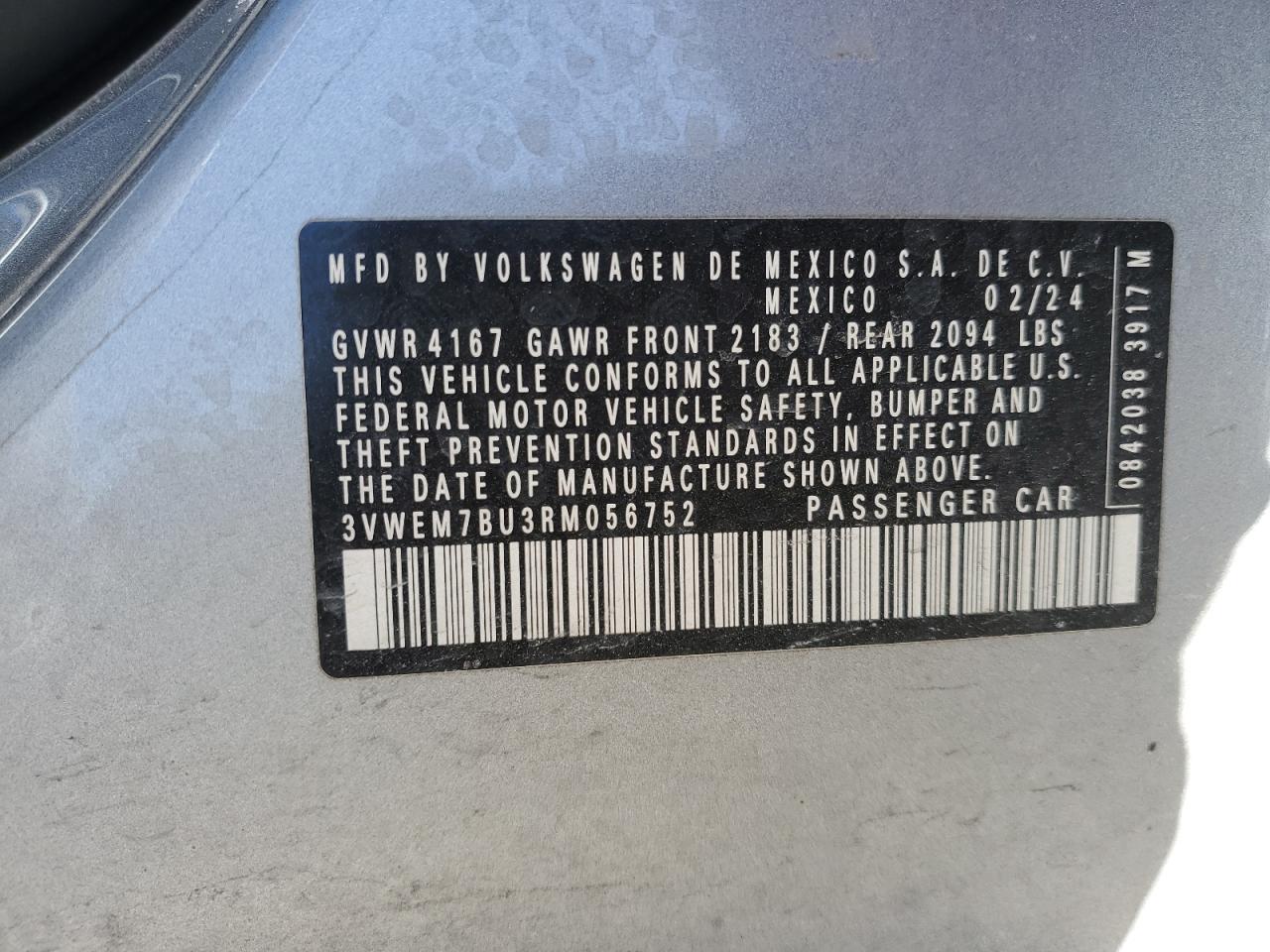 2024 VOLKSWAGEN JETTA SE VIN:3VWEM7BU3RM056752