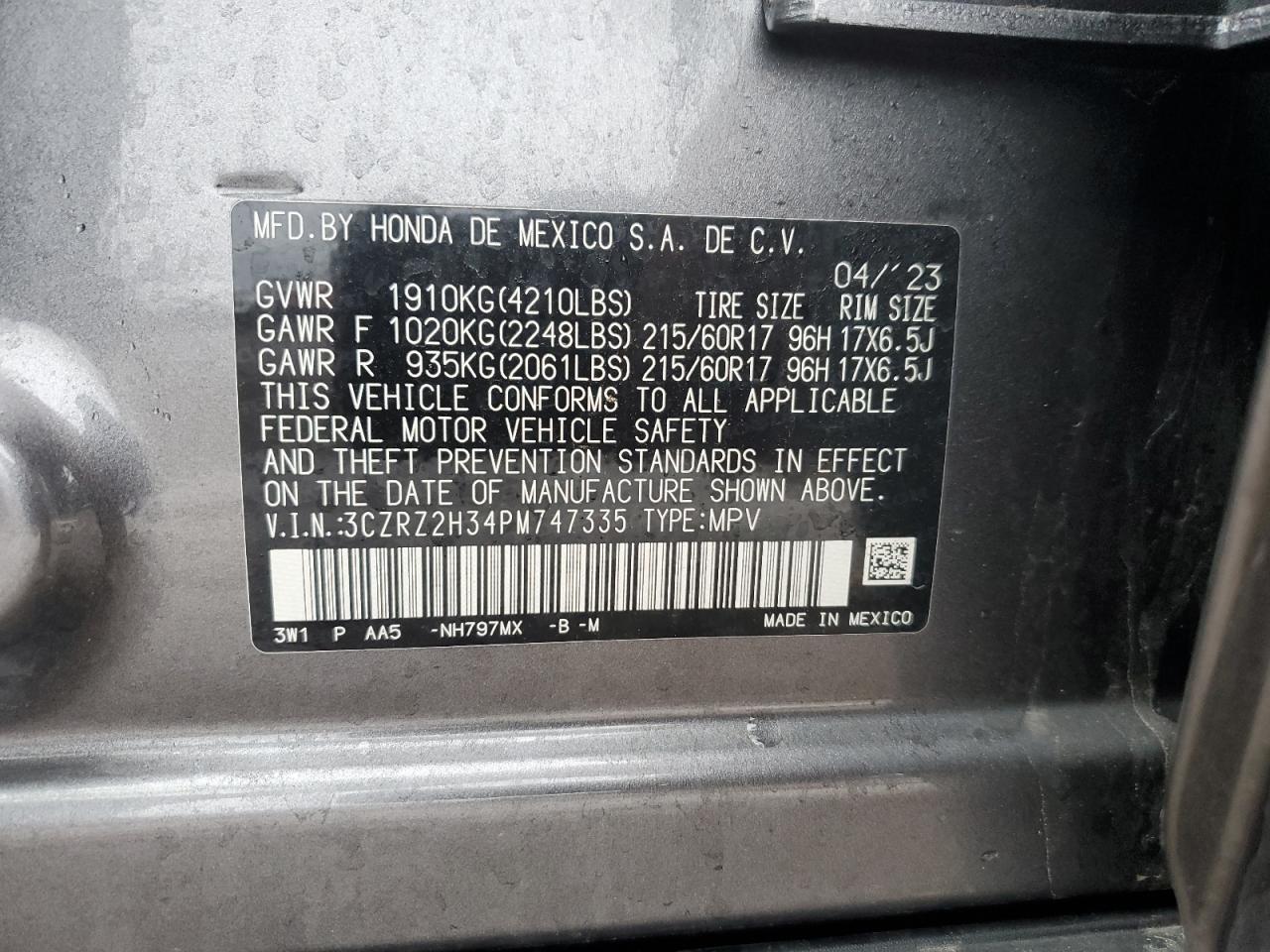 2023 HONDA HR-V LX VIN:3CZRZ2H34PM747335