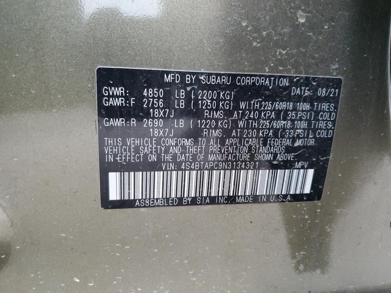 2022 SUBARU OUTBACK TOURING VIN:4S4BTAPC9N3134321