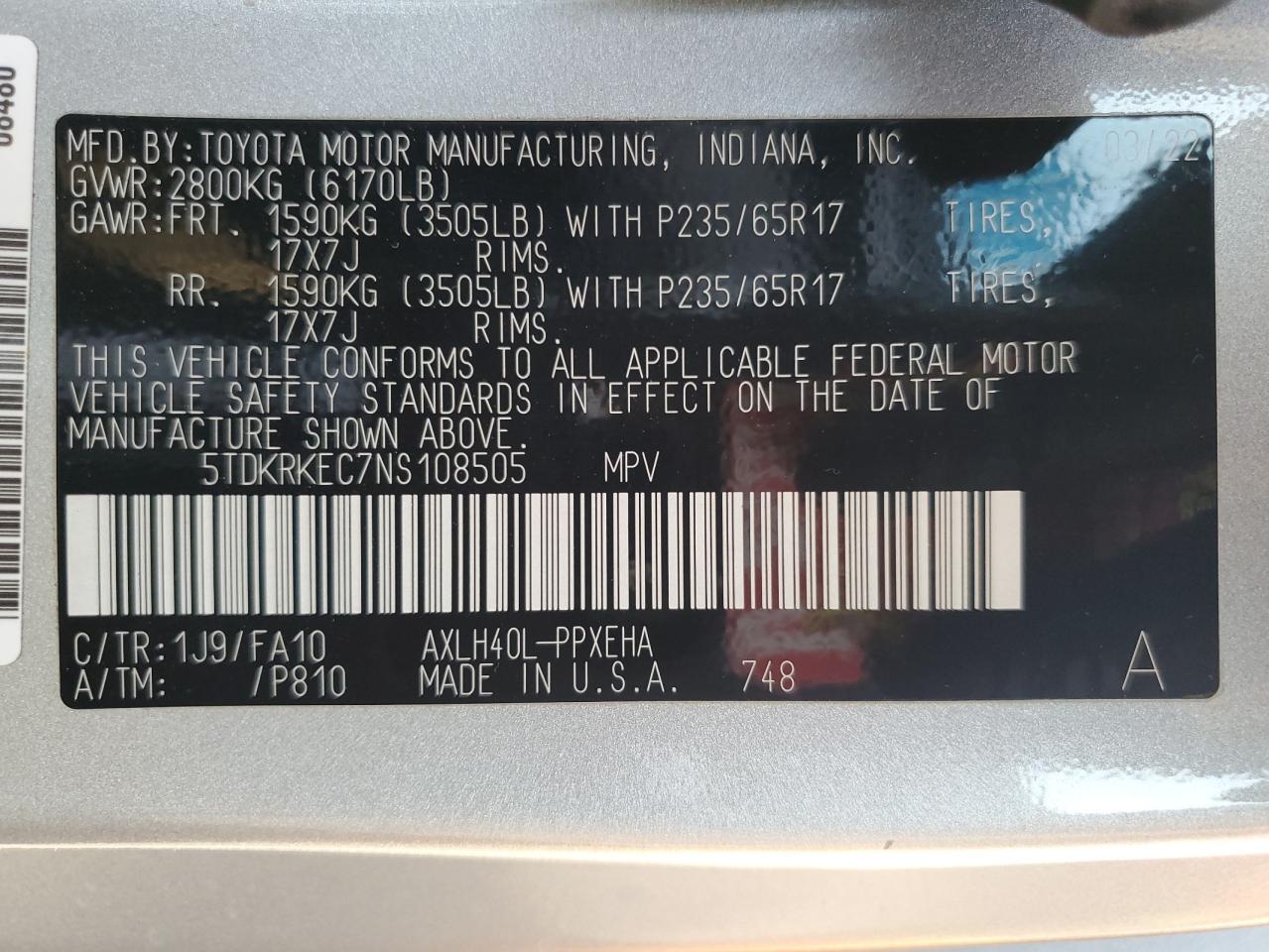 2022 TOYOTA SIENNA LE VIN:5LMDJ1D9XJUL01015