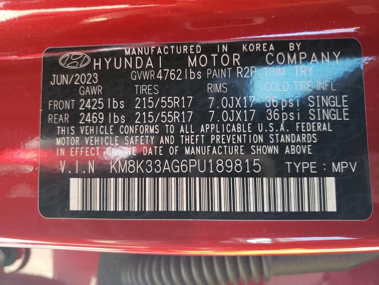 2023 HYUNDAI KONA SEL VIN:KM8K33AG6PU189815