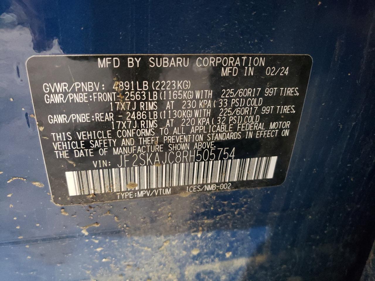 2024 SUBARU FORESTER WILDERNESS VIN:JF2SKAJC8RH505754