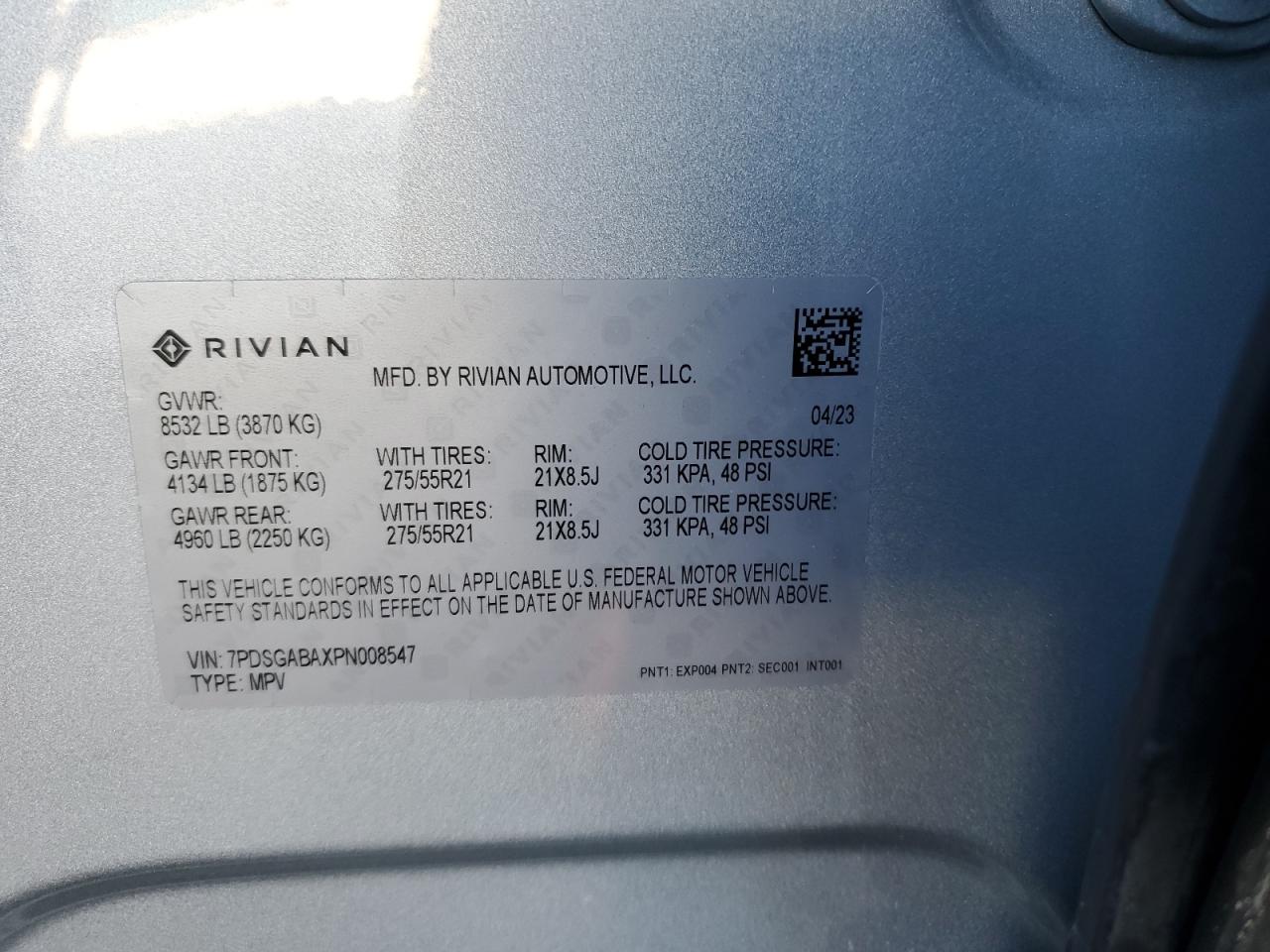 2023 RIVIAN R1S ADVENTURE VIN:7PDSGABAXPN008547
