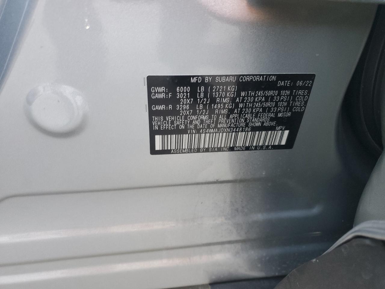 2022 SUBARU ASCENT ONYX EDITION VIN:4S4WMAJDXN3448186