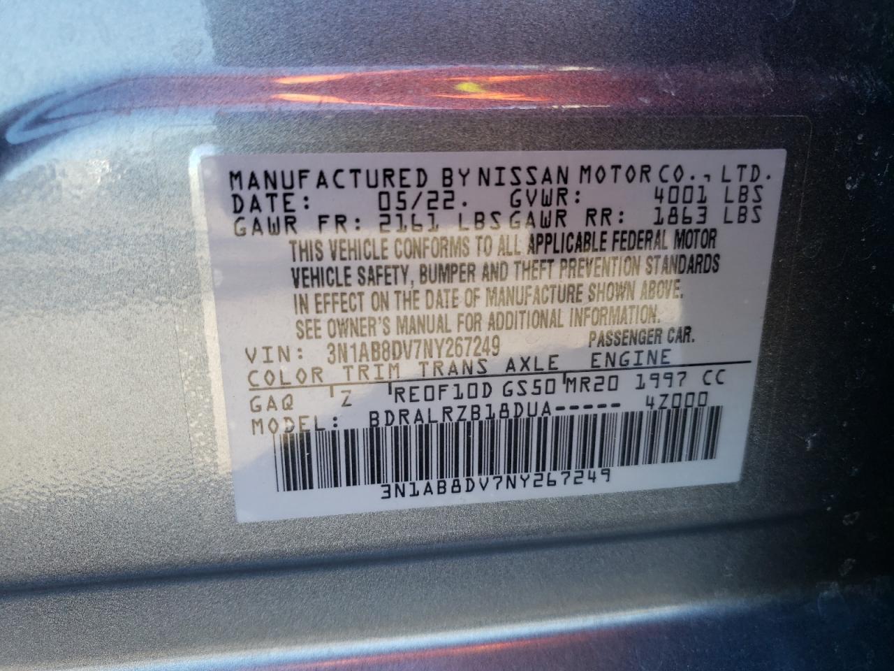 2022 NISSAN SENTRA SR VIN:3N1AB8DV7NY267249