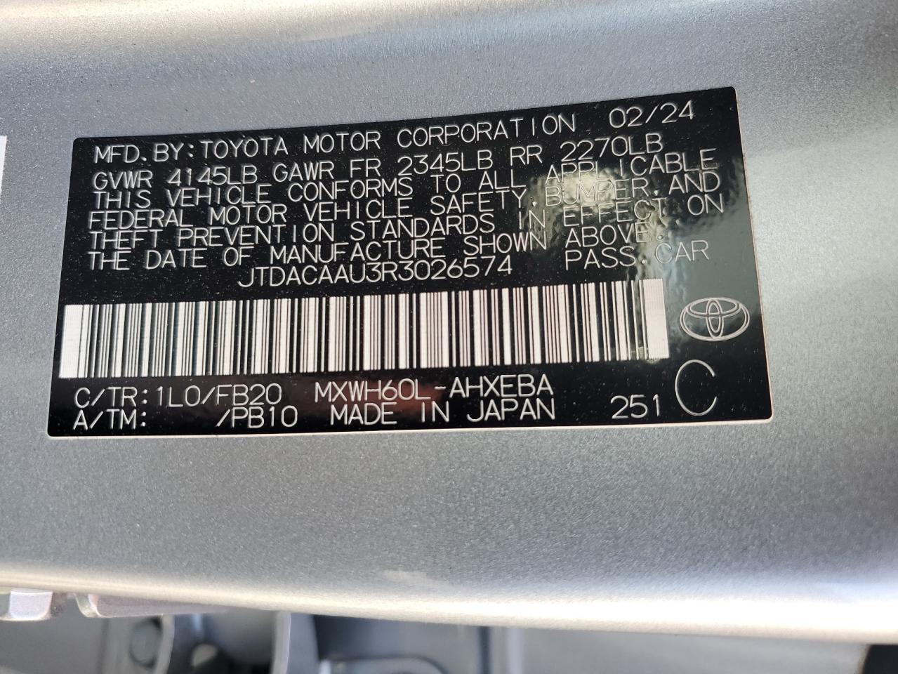 2024 TOYOTA PRIUS LE VIN:JTDACAAU3R3026574