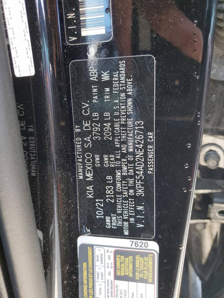 2022 KIA FORTE GT LINE VIN:3KPF54AD2NE426713
