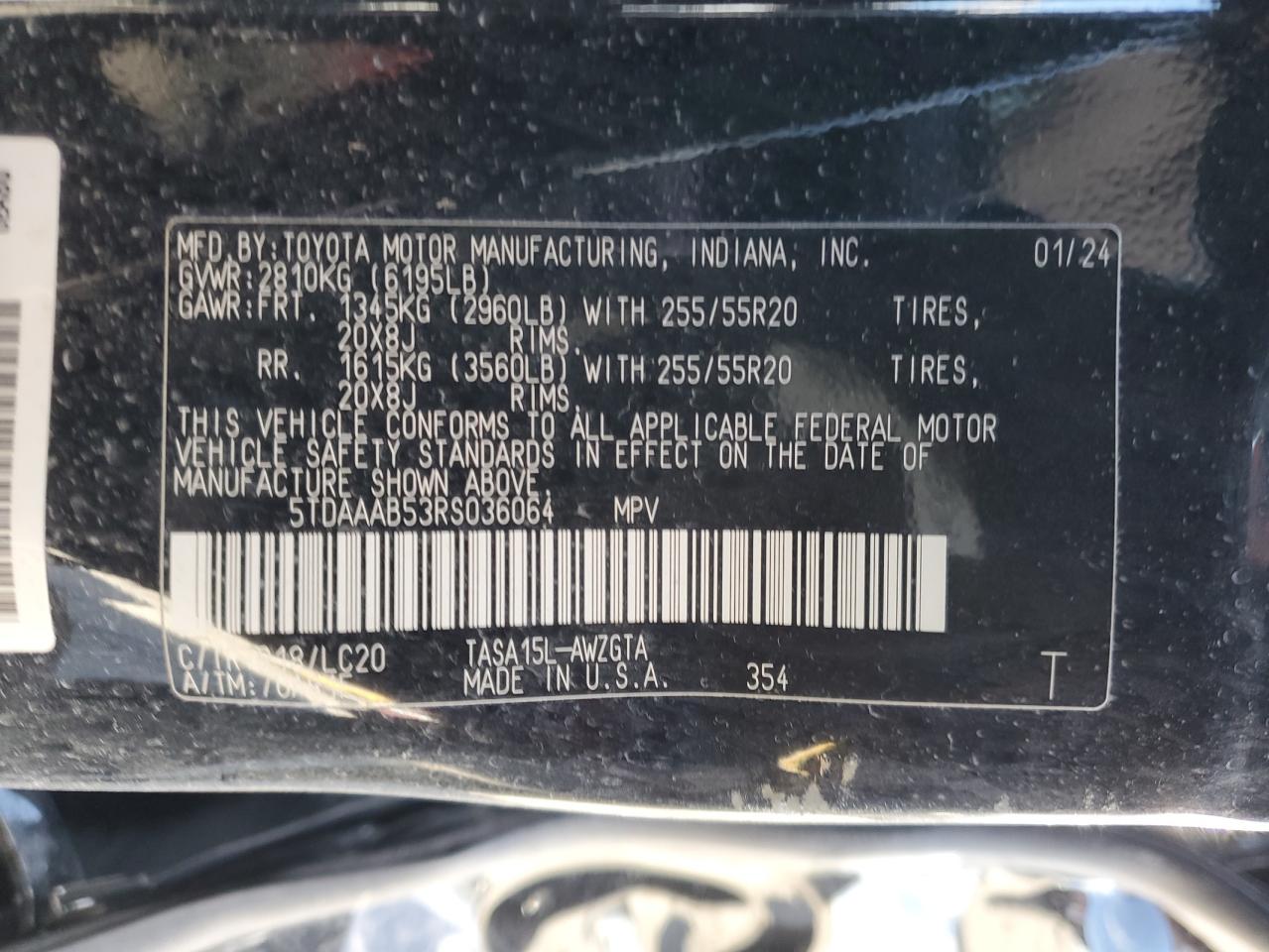2024 TOYOTA GRAND HIGHLANDER XLE VIN:5TDAAAB53RS036064