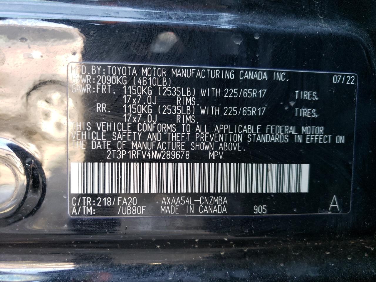 2022 TOYOTA RAV4 XLE VIN:2T3P1RFV4NW289678