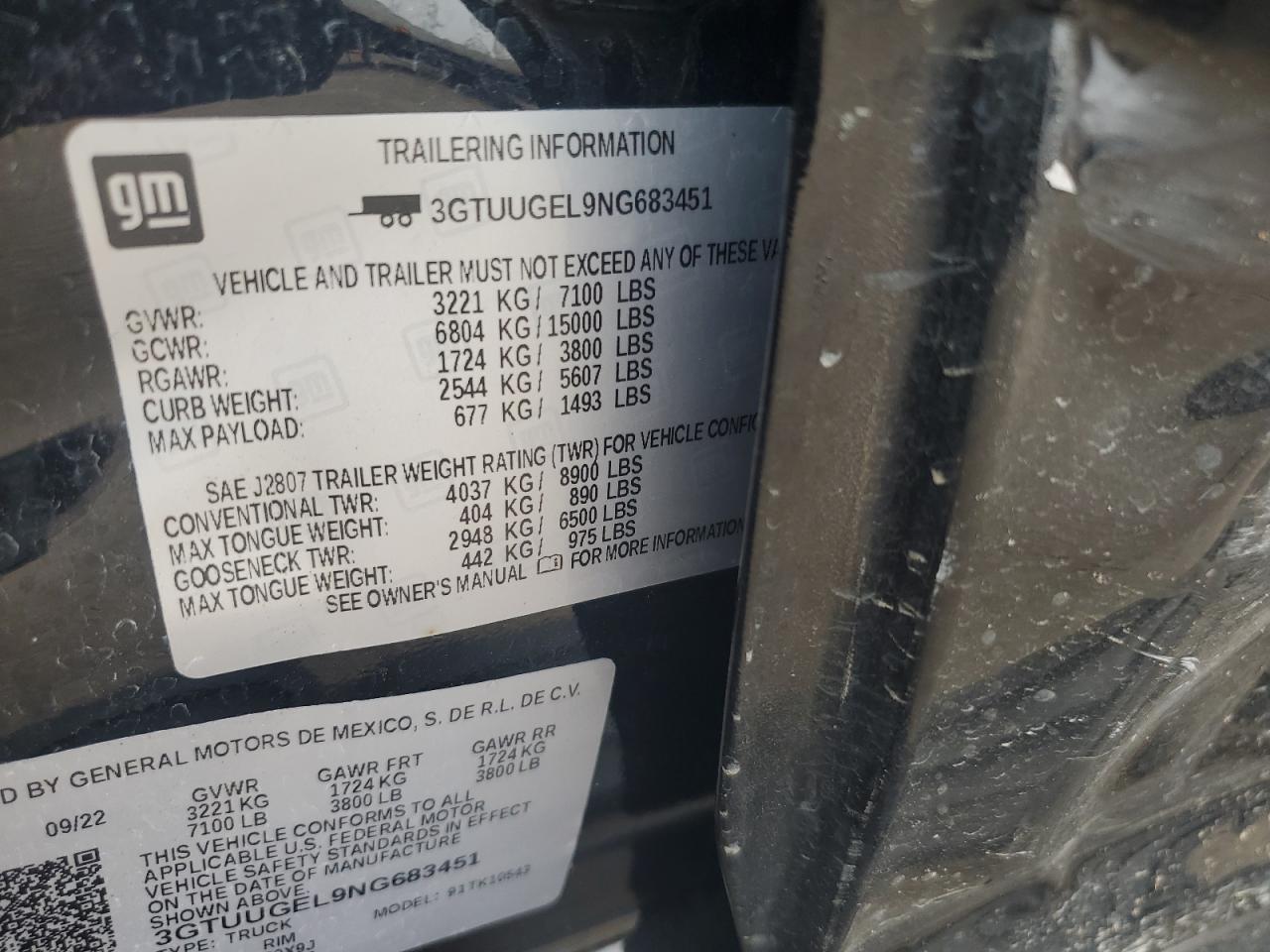 2022 GMC SIERRA K1500 DENALI VIN:3GTUUGEL9NG683451