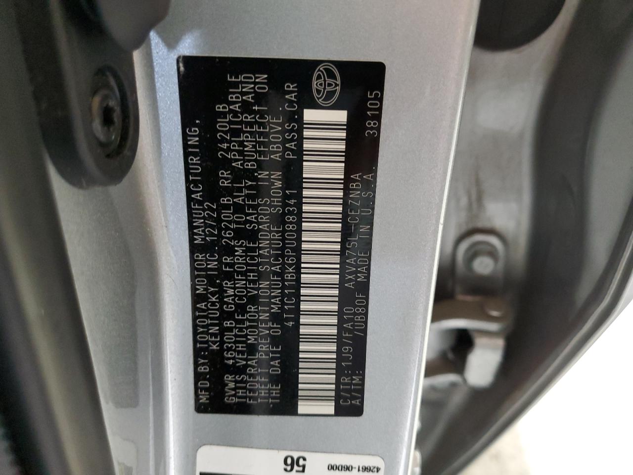 2023 TOYOTA CAMRY LE VIN:4T1C11BK6PU088341