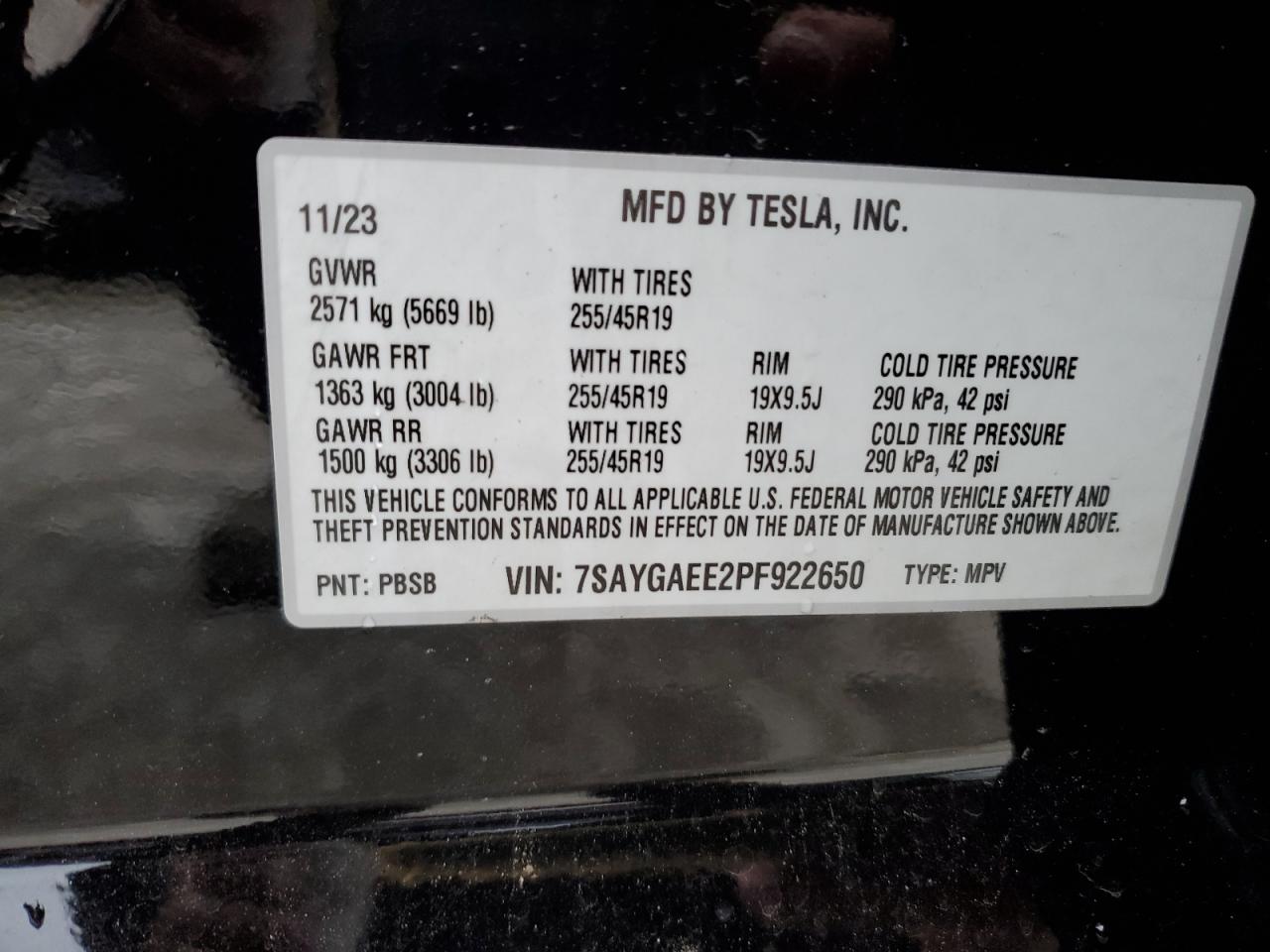 2023 TESLA MODEL Y  VIN:7SAYGAEE2PF922650
