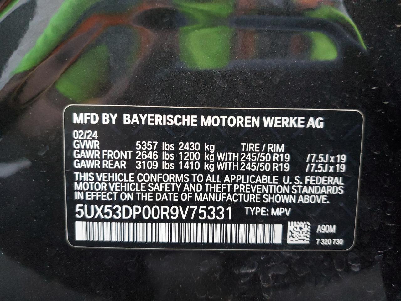 2024 BMW X3 XDRIVE30I VIN:5UX53DP00R9V75331