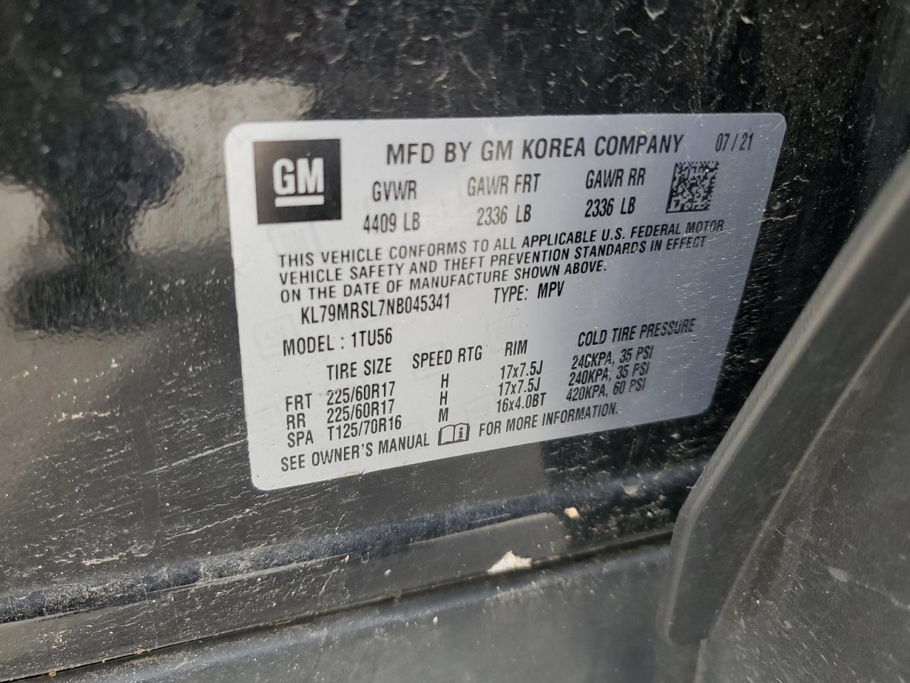 2022 CHEVROLET TRAILBLAZER LT VIN:KL79MRSL7NB045341