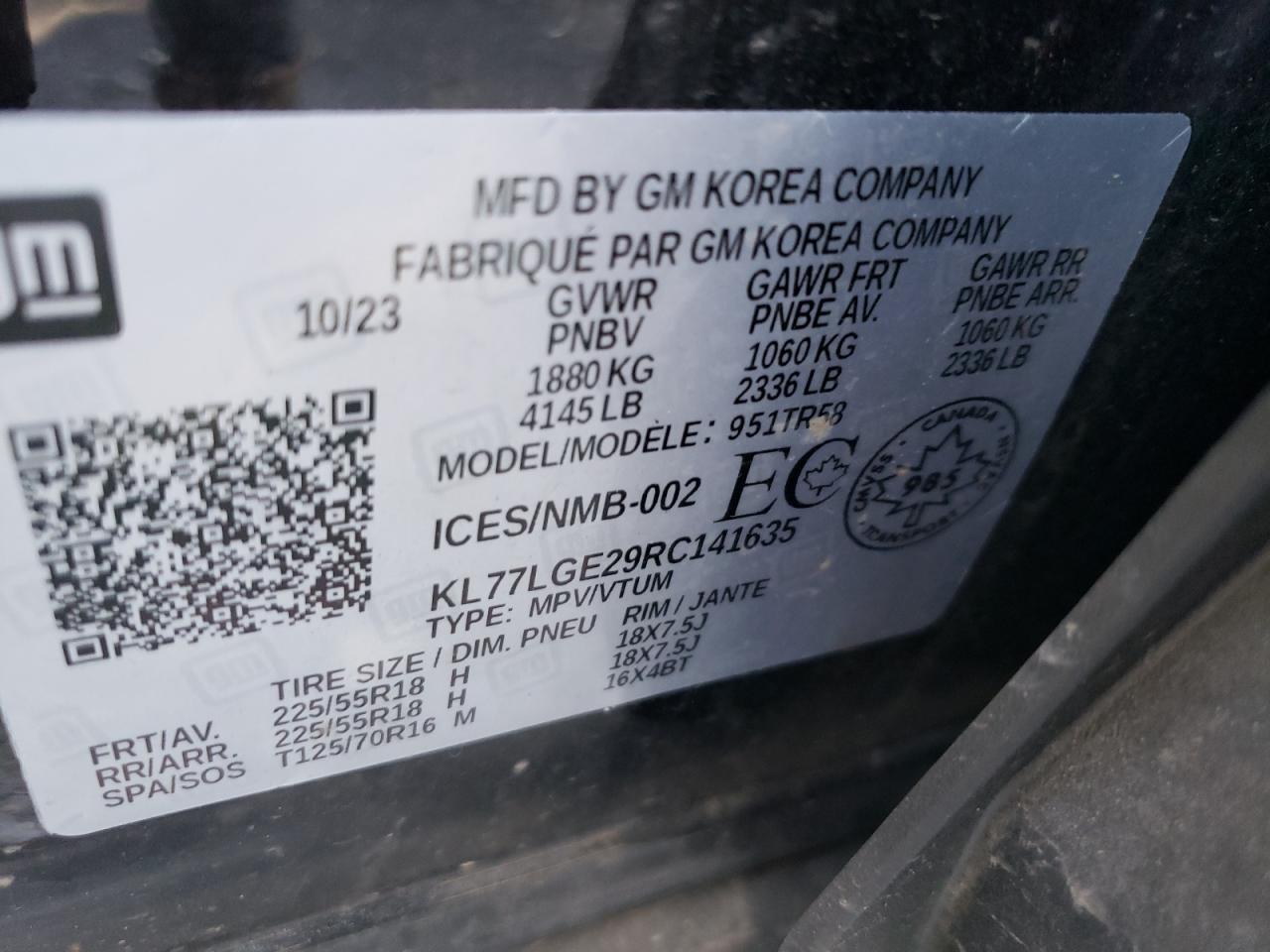 2024 CHEVROLET TRAX 1RS VIN:KL77LGE29RC141635