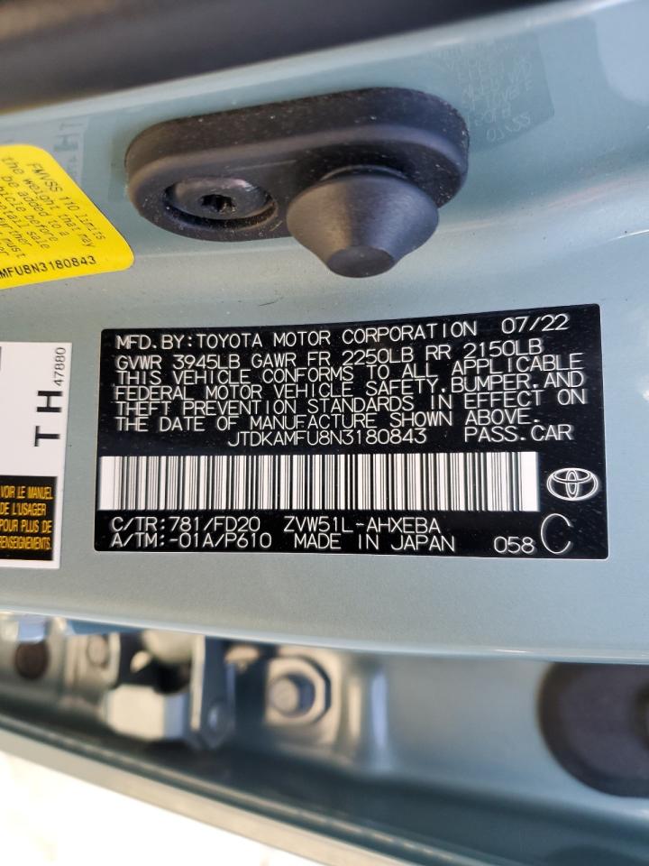 2022 TOYOTA PRIUS NIGHT SHADE VIN:JTDKAMFU8N3180843