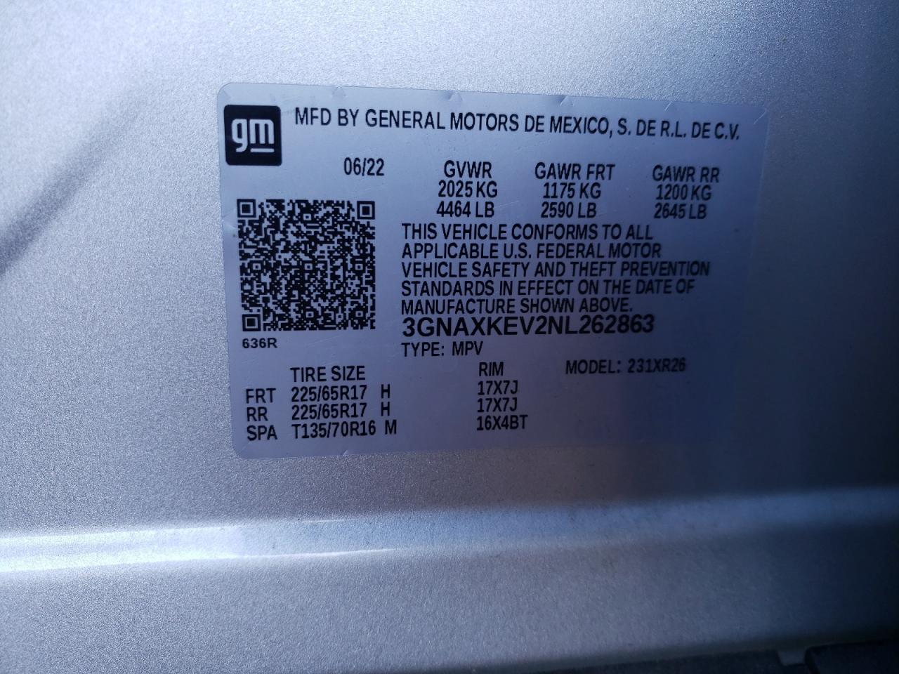 2022 CHEVROLET EQUINOX LT VIN:3GNAXKEV2NL262863