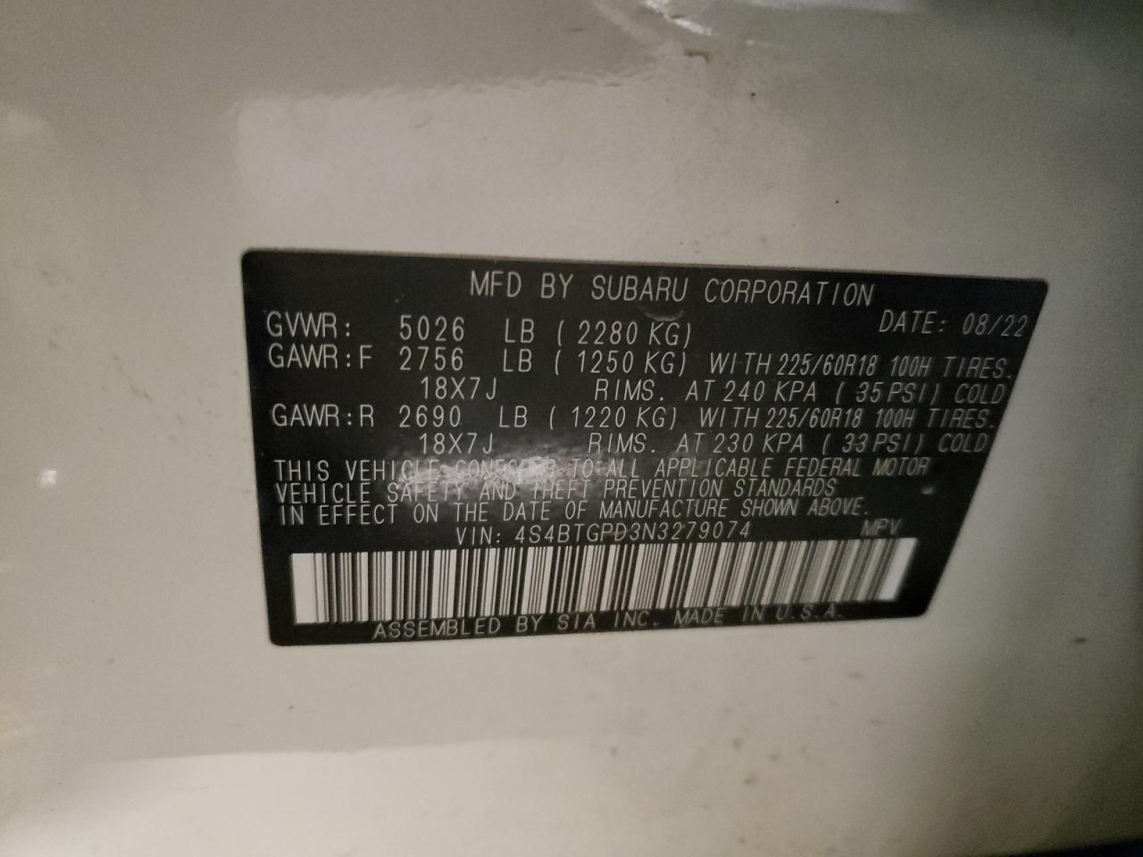 2022 SUBARU OUTBACK TOURING VIN:4S4BTGPD3N3279074