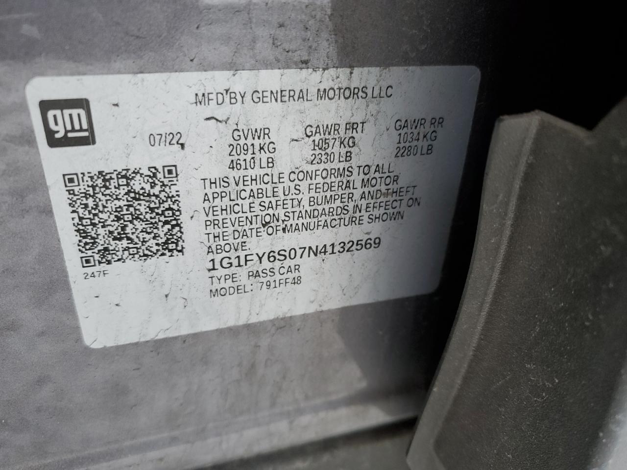 2022 CHEVROLET BOLT EUV LT VIN:1G1FY6S07N4132569