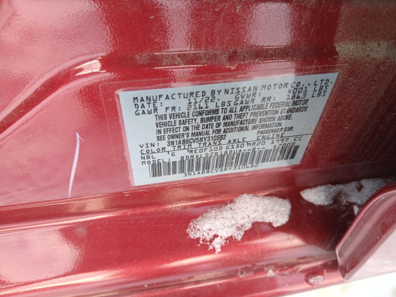2022 NISSAN SENTRA SV VIN:3N1AB8CV5NY310682