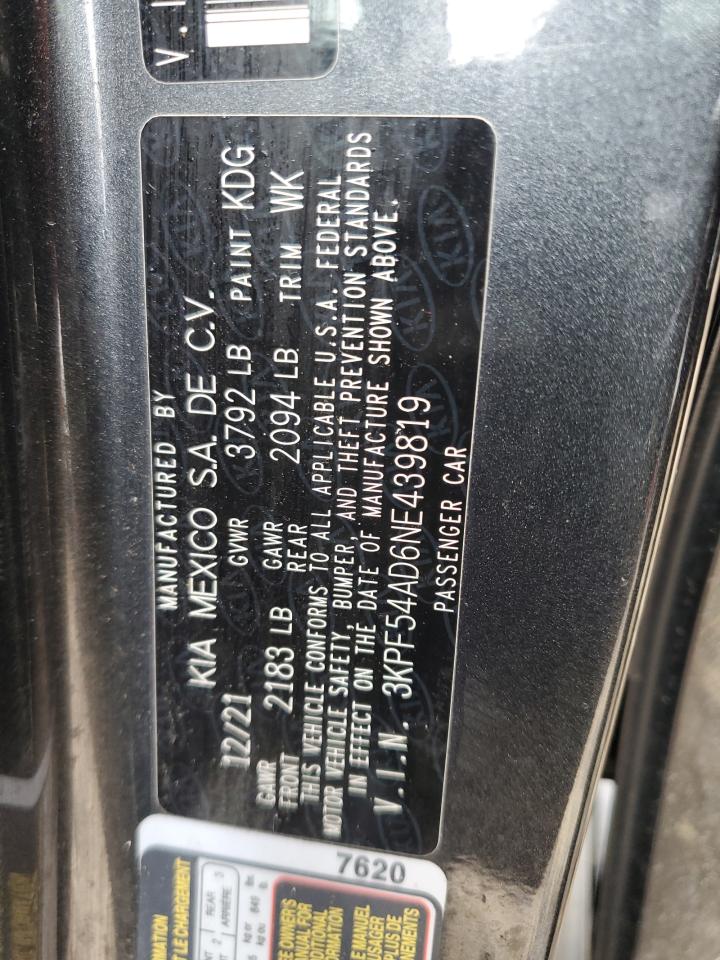 2022 KIA FORTE GT LINE VIN:3KPF54AD6NE439819