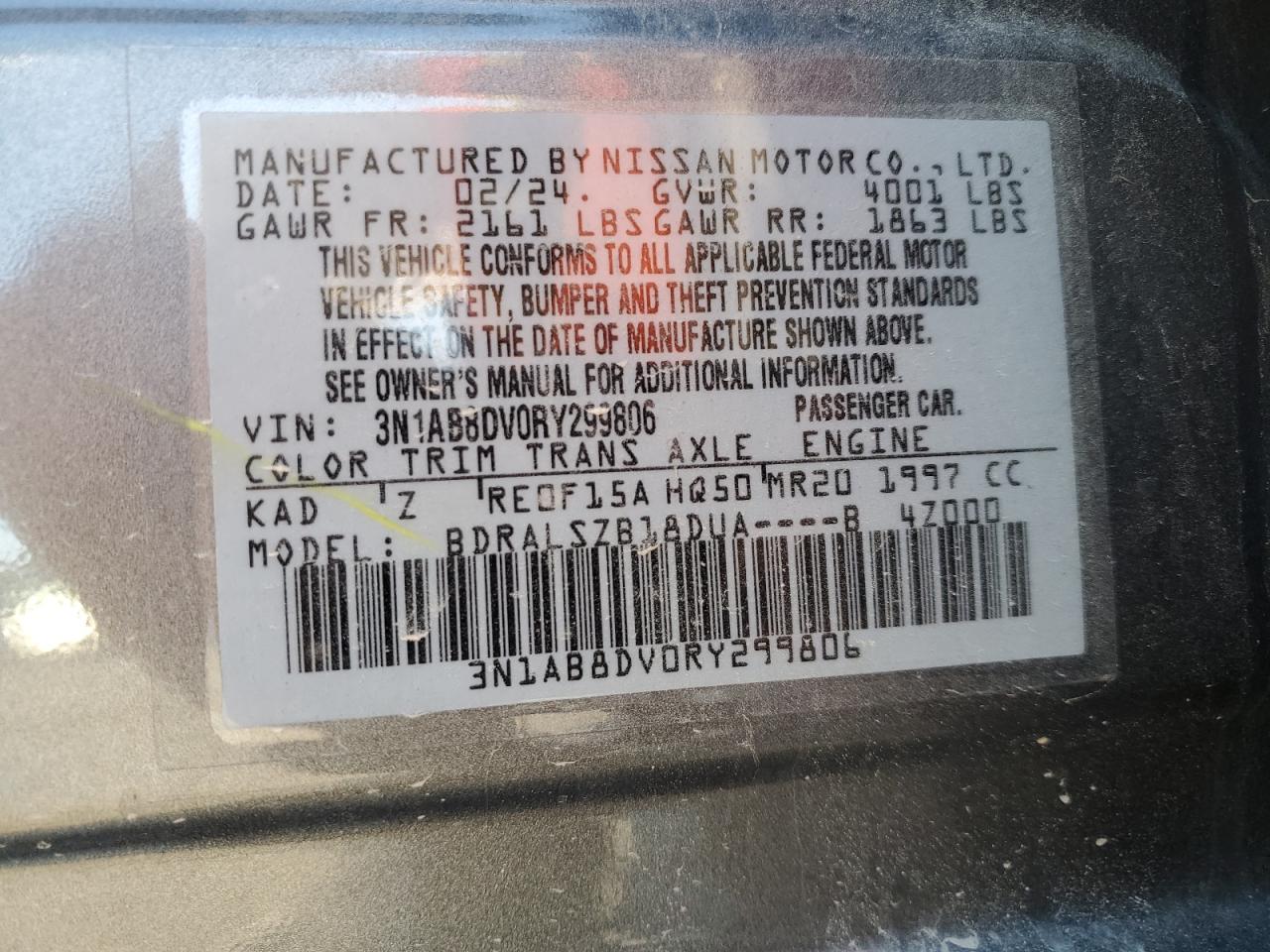 2024 NISSAN SENTRA SR VIN:3N1AB8DV0RY299806