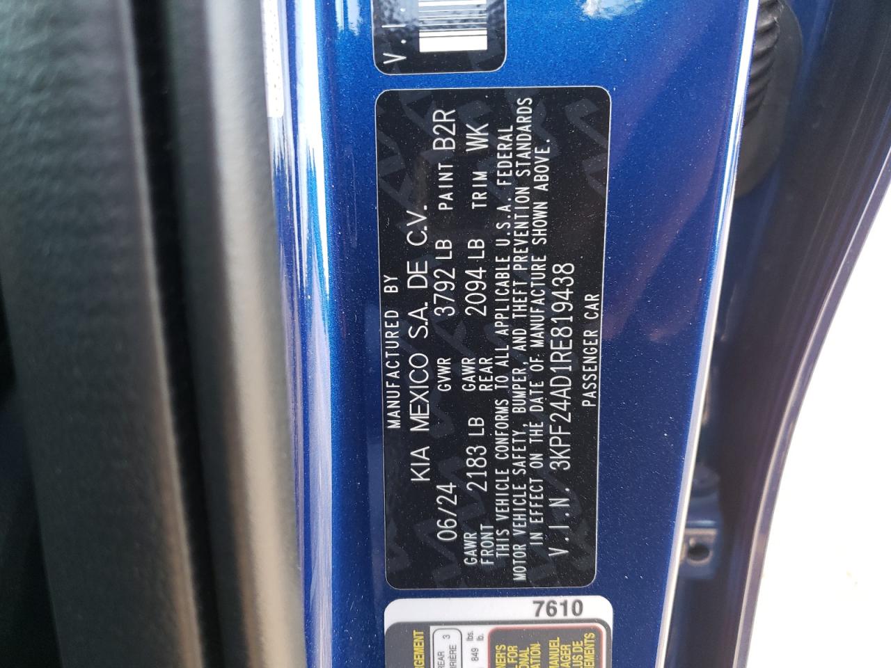 2024 KIA FORTE LX VIN:3KPF24AD1RE819438