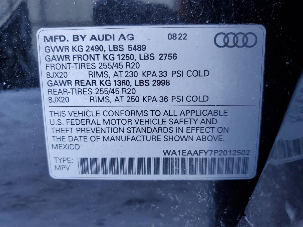 2023 AUDI Q5 PREMIUM PLUS 45 VIN:WA1EAAFY7P2012502