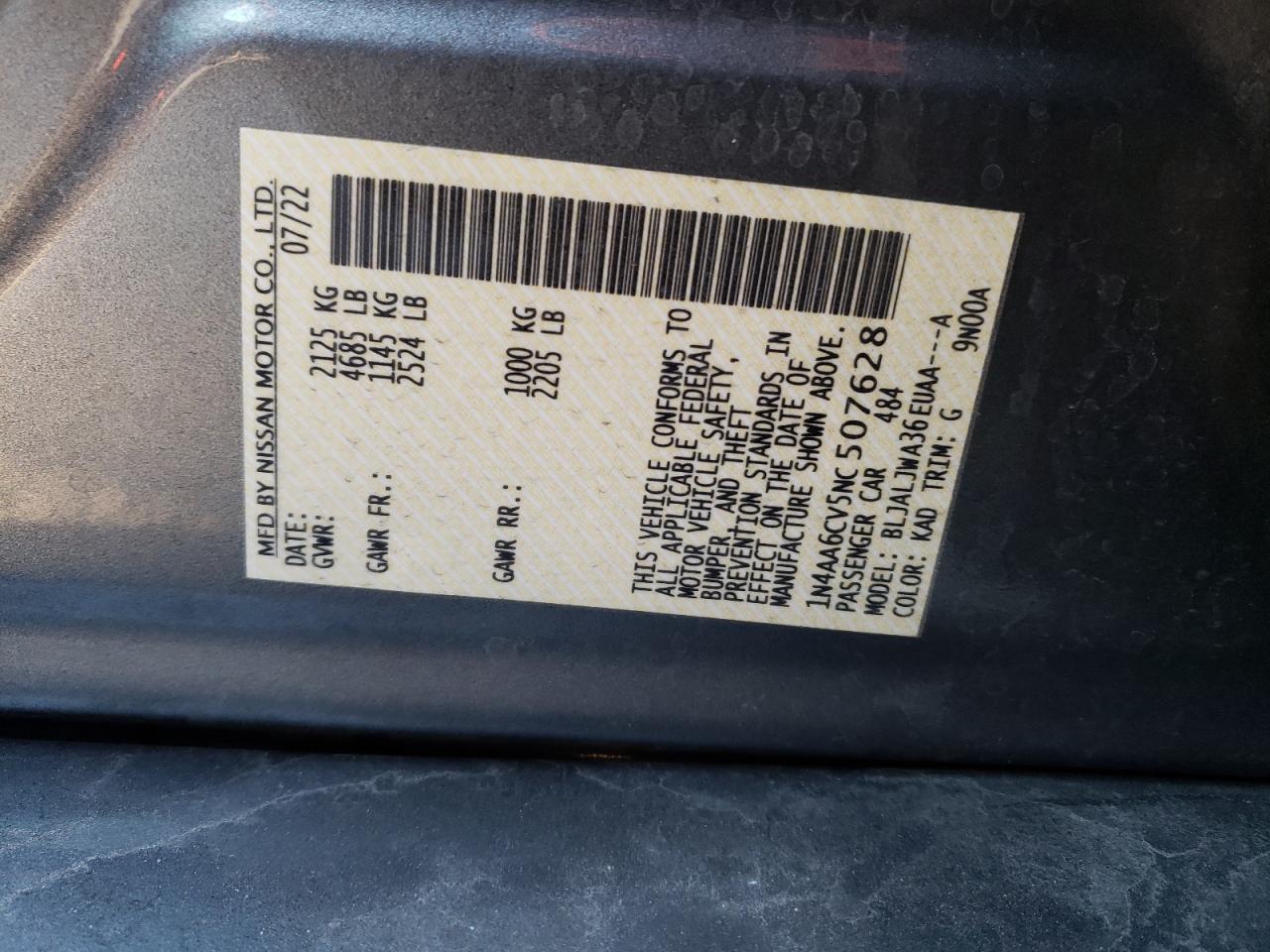 2022 NISSAN MAXIMA SV VIN:1N4AA6CV5NC507628