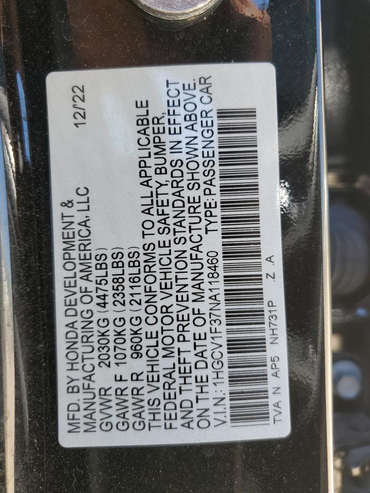2022 HONDA ACCORD SPORT VIN:1HGCV1F37NA118460