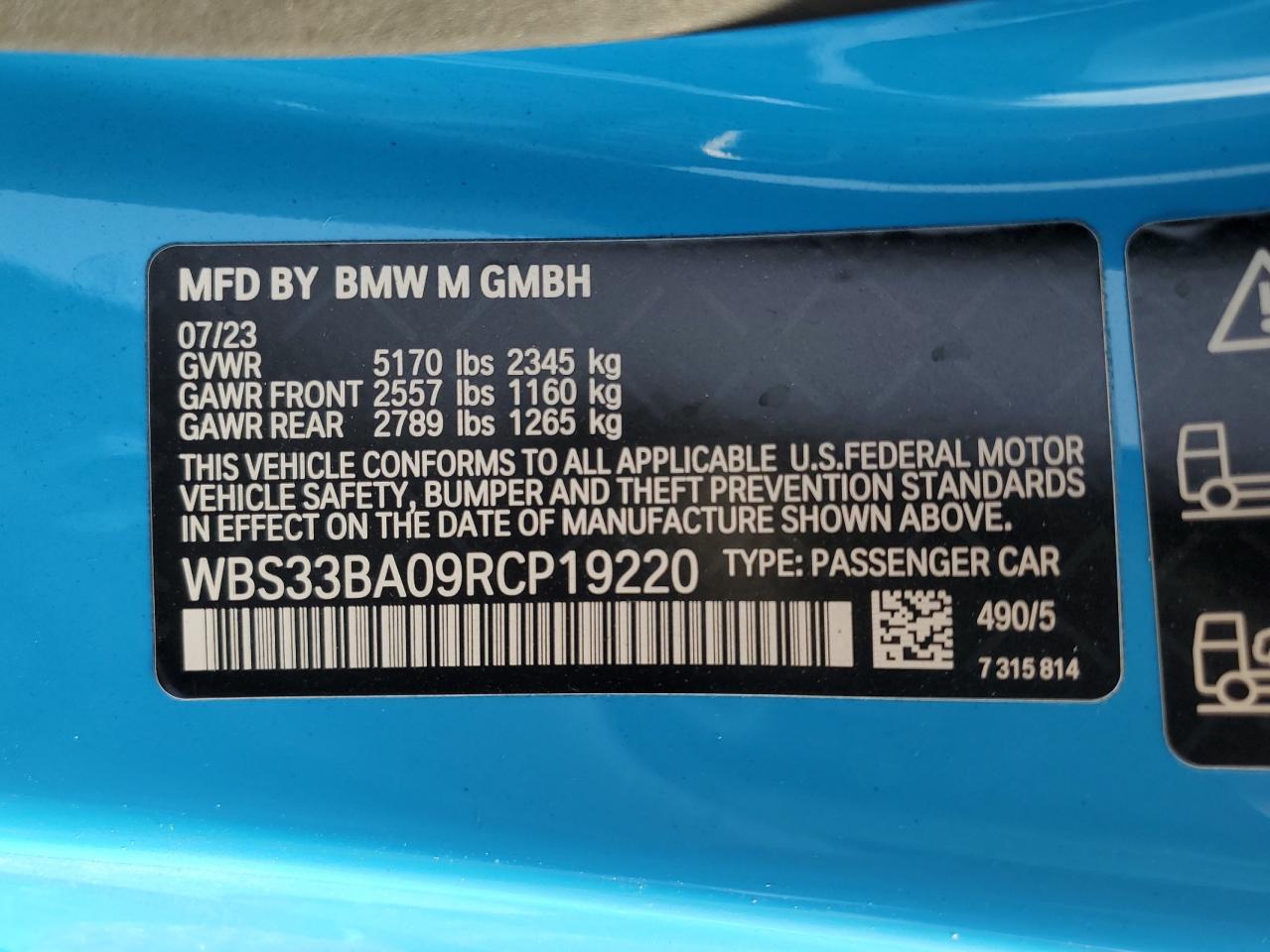 2024 BMW M4 COMPETITION VIN:WBS33BA09RCP19220