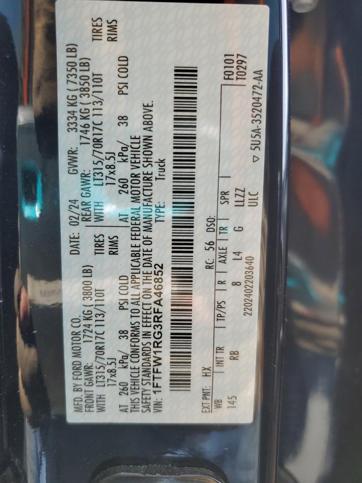 2024 FORD F150 RAPTOR VIN:1FTFW1RG3RFA46852