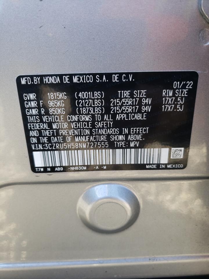 2022 HONDA HR-V EX VIN:3CZRU5H58NM727555