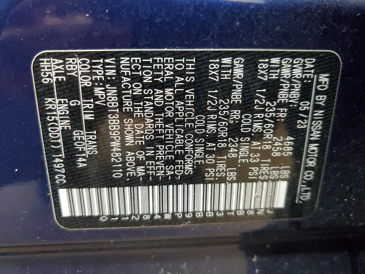 2023 NISSAN ROGUE SV VIN:JN8BT3BB9PW482110