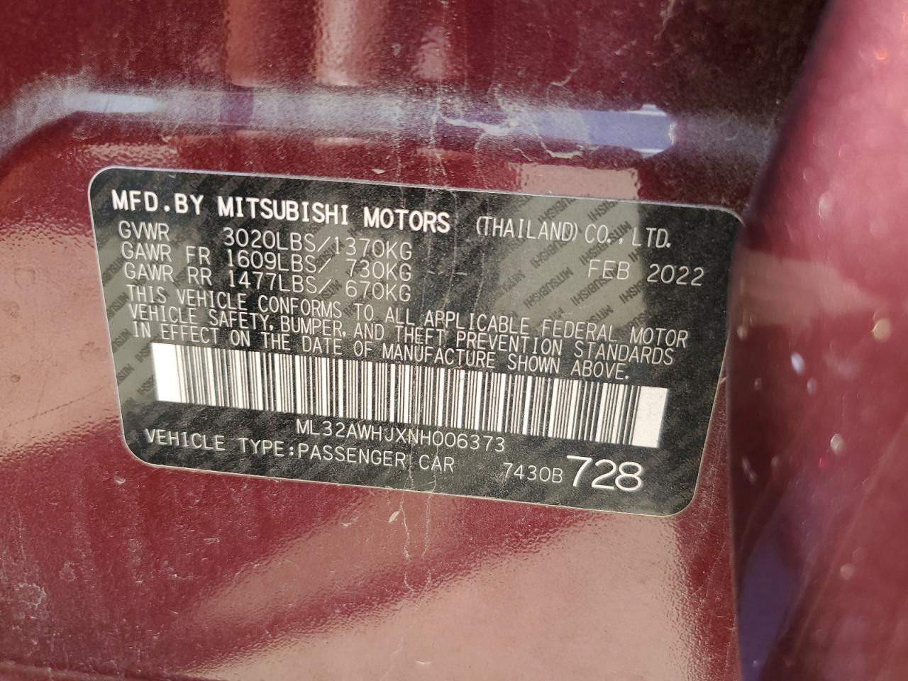 2022 MITSUBISHI MIRAGE SE VIN:ML32AWHJXNH006373