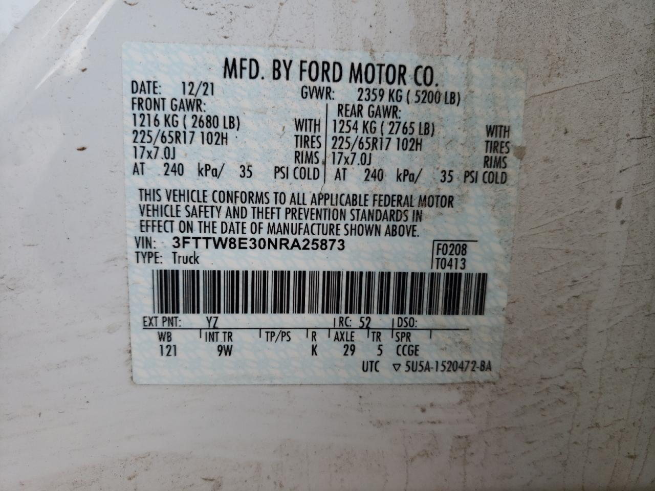 2022 FORD MAVERICK XL VIN:1FM5K7D81FGA02859