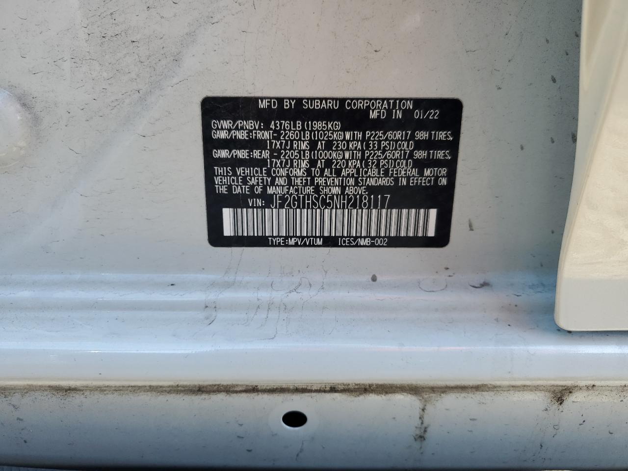 2022 SUBARU CROSSTREK SPORT VIN:JF2GTHSC5NH218117