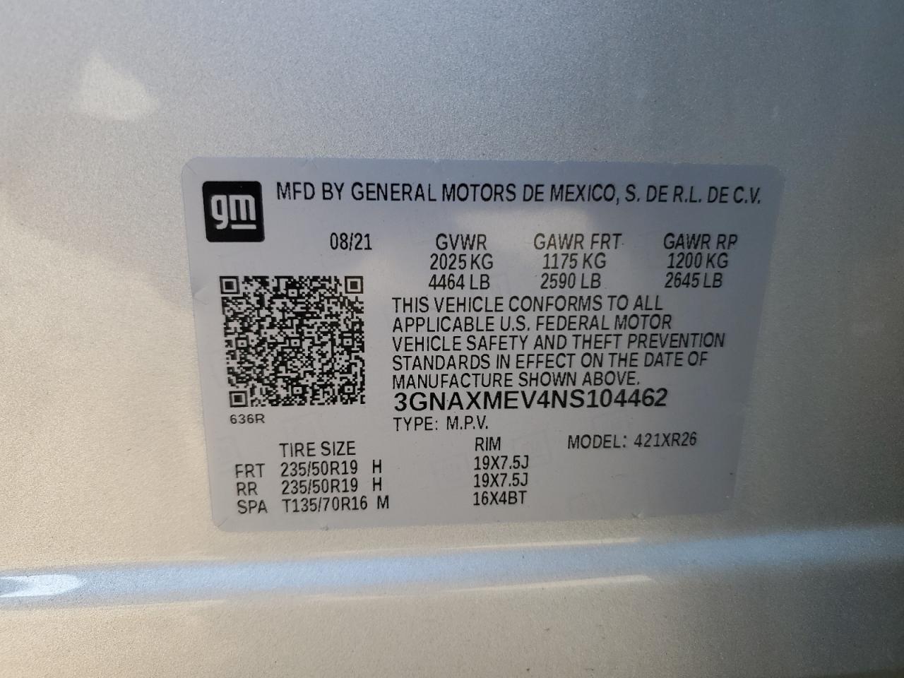 2022 CHEVROLET EQUINOX RS VIN:3GNAXMEV4NS104462