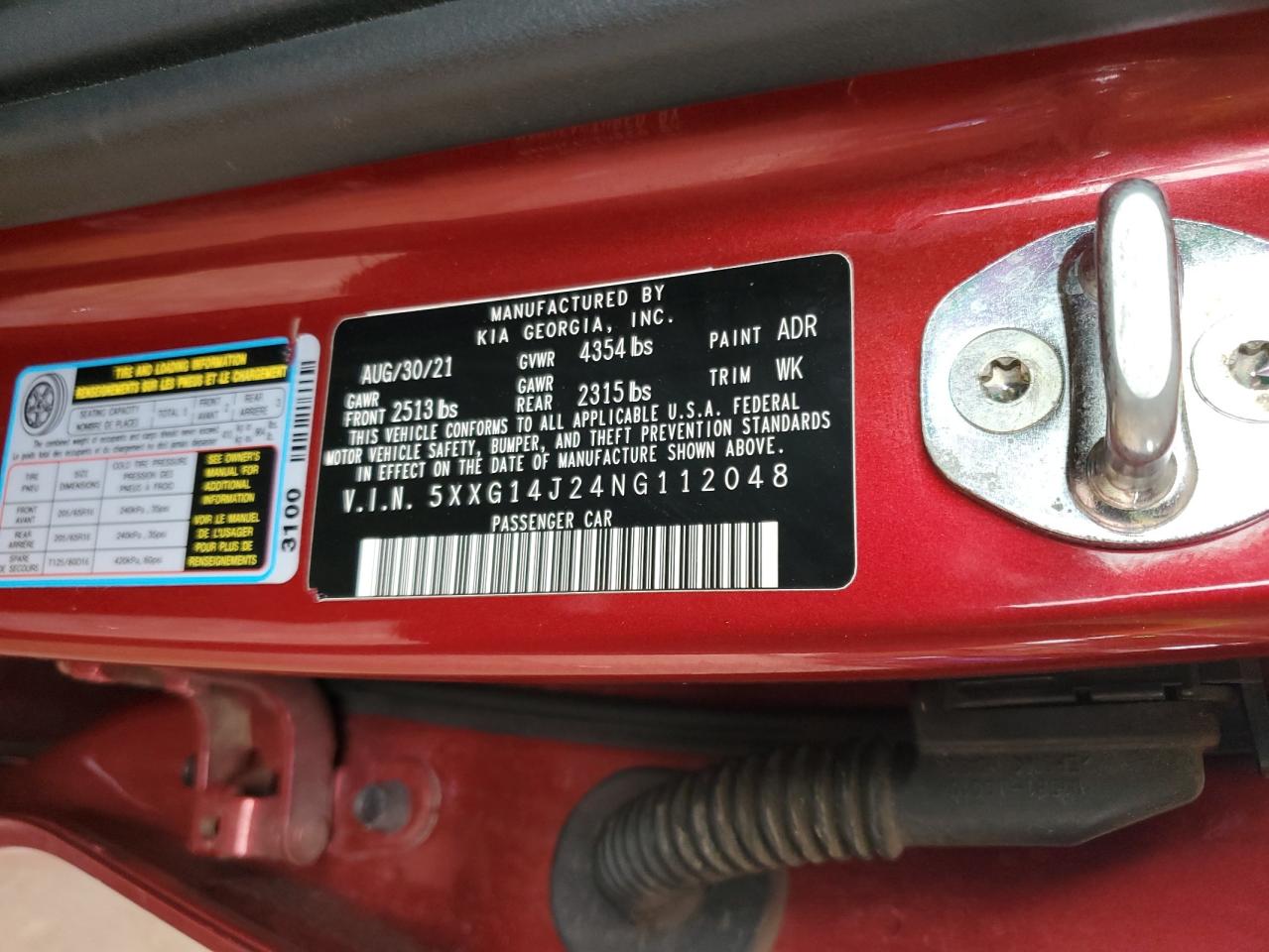 2022 KIA K5 LXS VIN:5XXG14J24NG112048