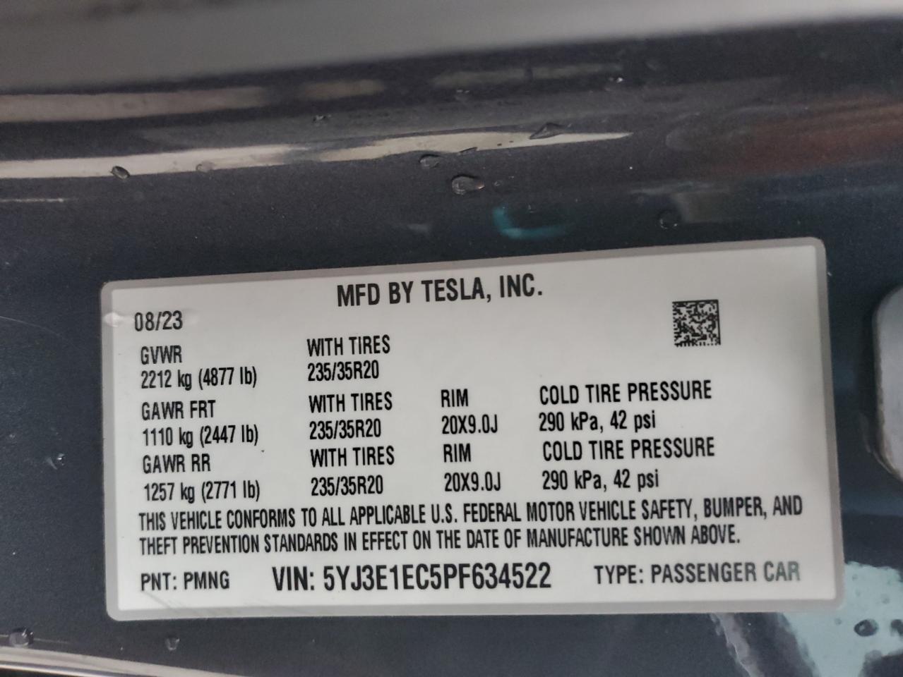 2023 TESLA MODEL 3  VIN:5YJ3E1EC5PF634522