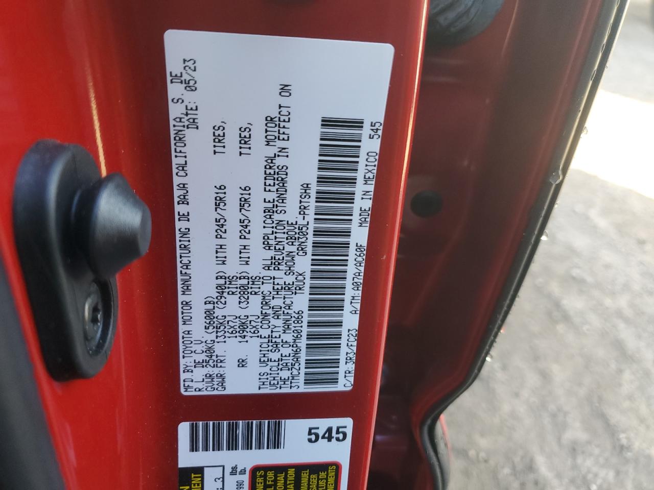 2023 TOYOTA TACOMA DOUBLE CAB VIN:3TMCZ5AN6PM601866