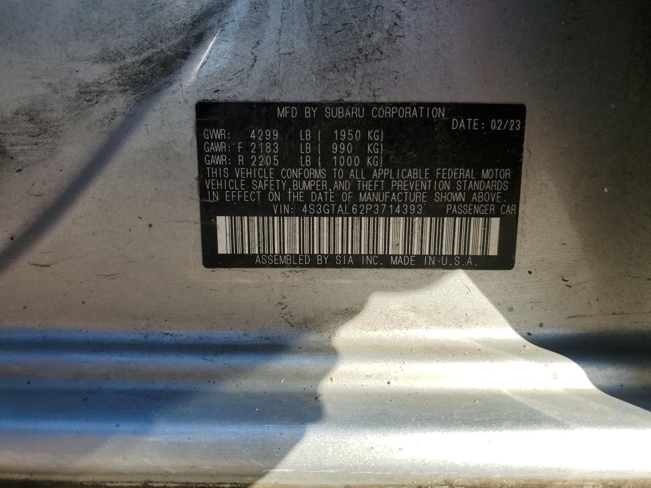 2023 SUBARU IMPREZA SPORT VIN:4S3GTAL62P3714393