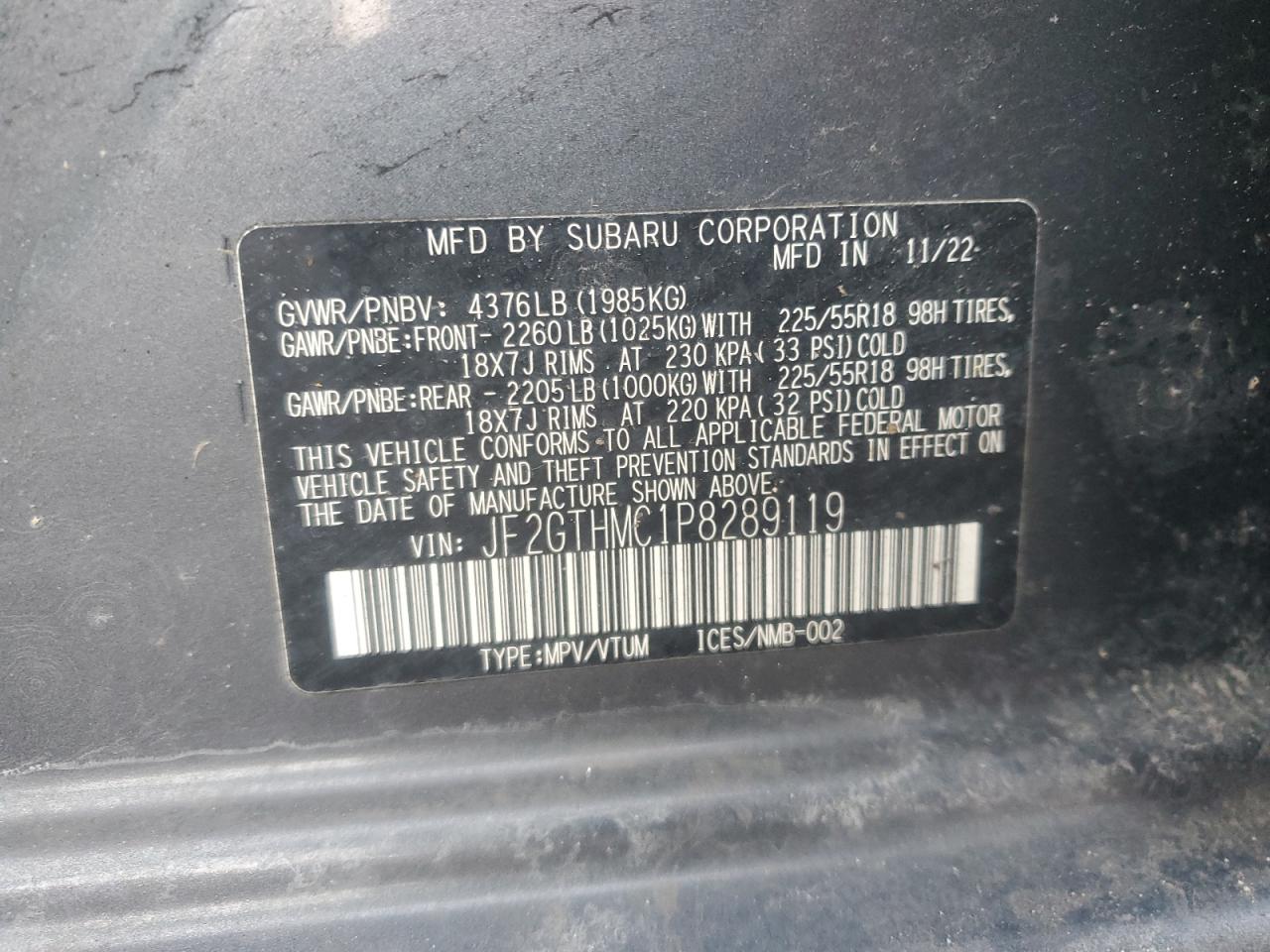 2023 SUBARU CROSSTREK LIMITED VIN:JF2GTHMC1P8289119