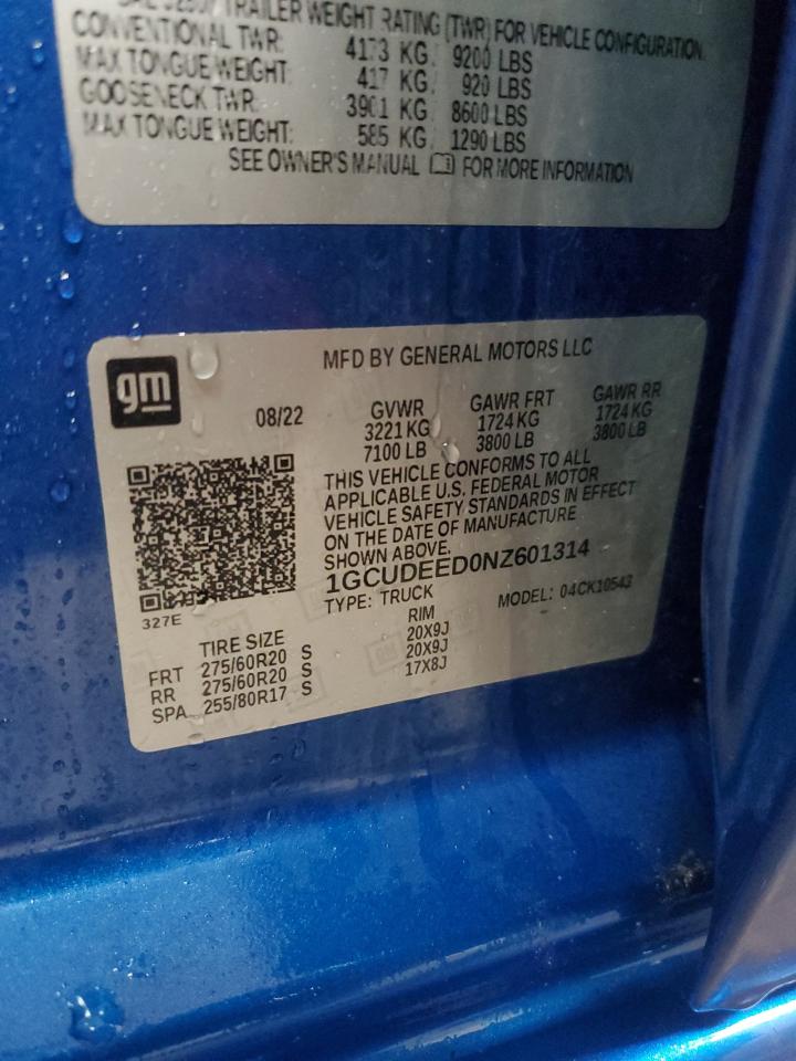 2022 CHEVROLET SILVERADO K1500 RST VIN:1GCUDEED0NZ601314