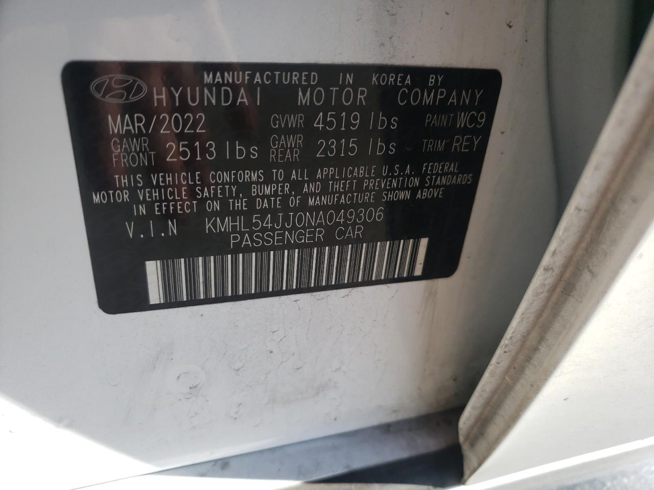 2022 HYUNDAI SONATA HYBRID VIN:KMHL54JJ0NA049306