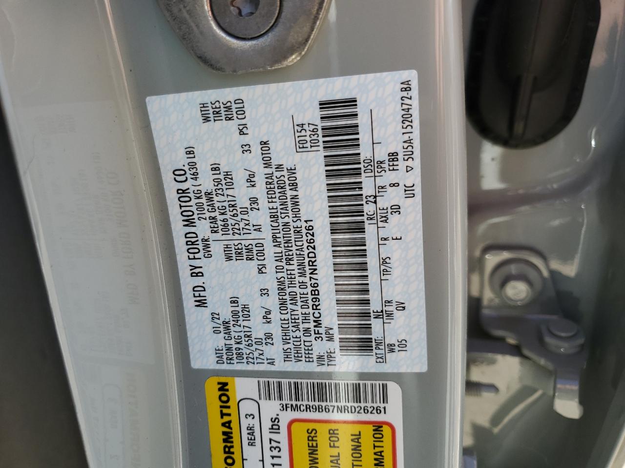 2022 FORD BRONCO SPORT BIG BEND VIN:3FMCR9B67NRD26261