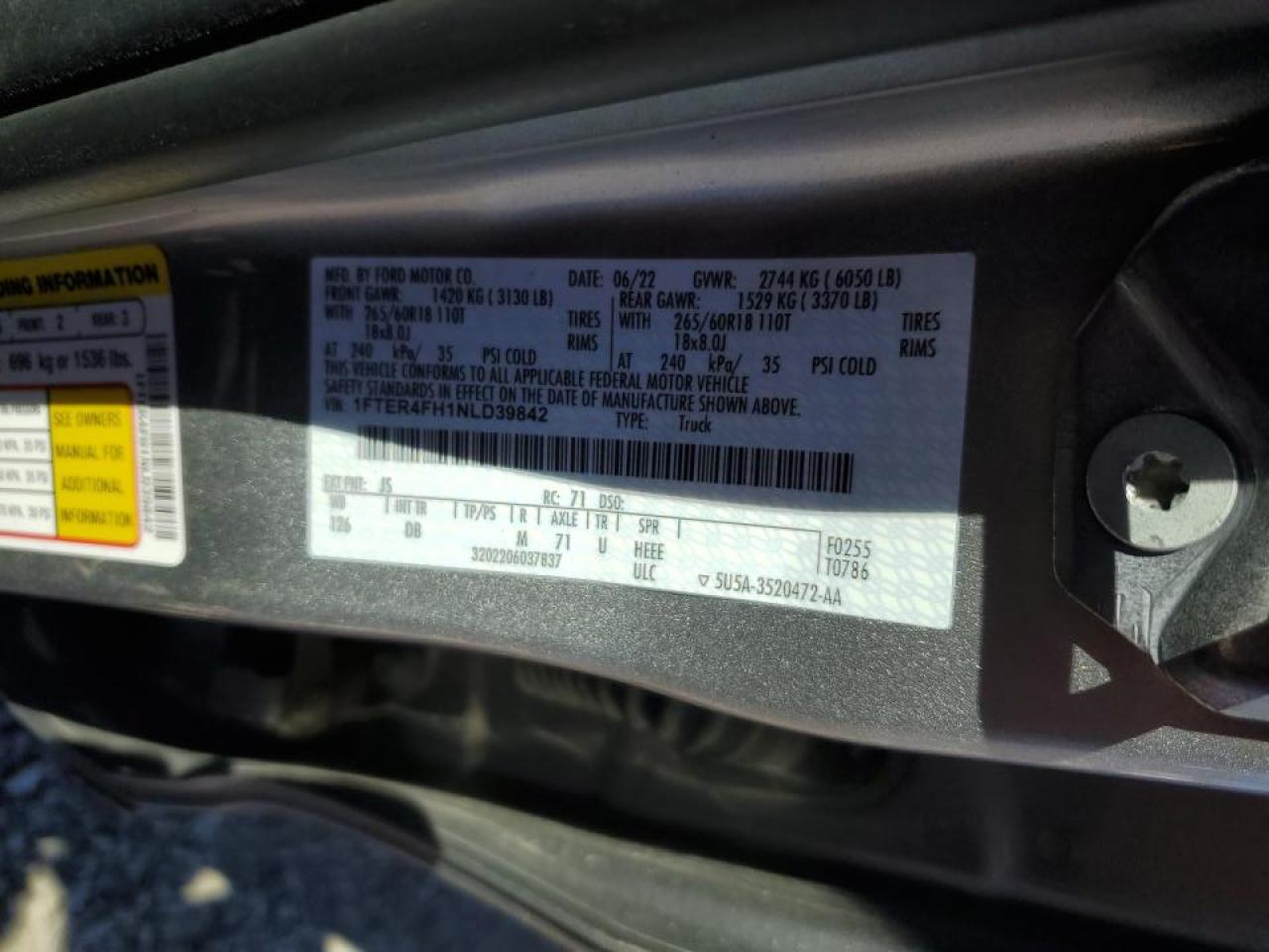 2022 FORD RANGER XL VIN:1FTER4FH1NLD39842