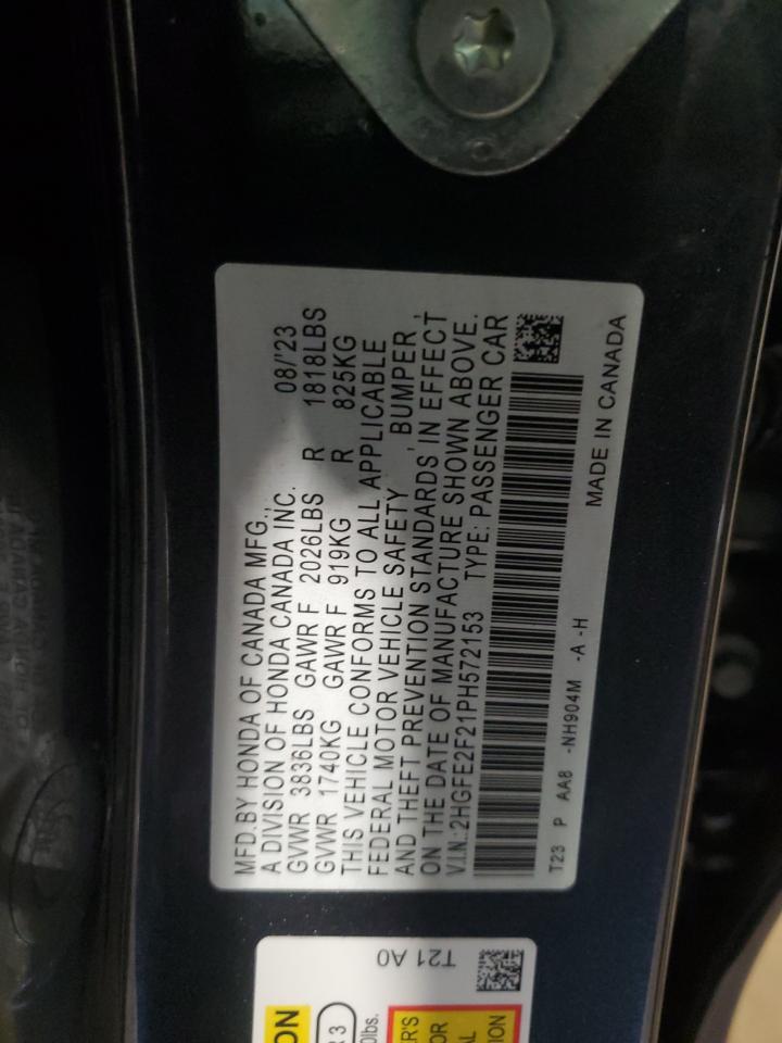 2023 HONDA CIVIC LX VIN:2HGFE2F21PH572153
