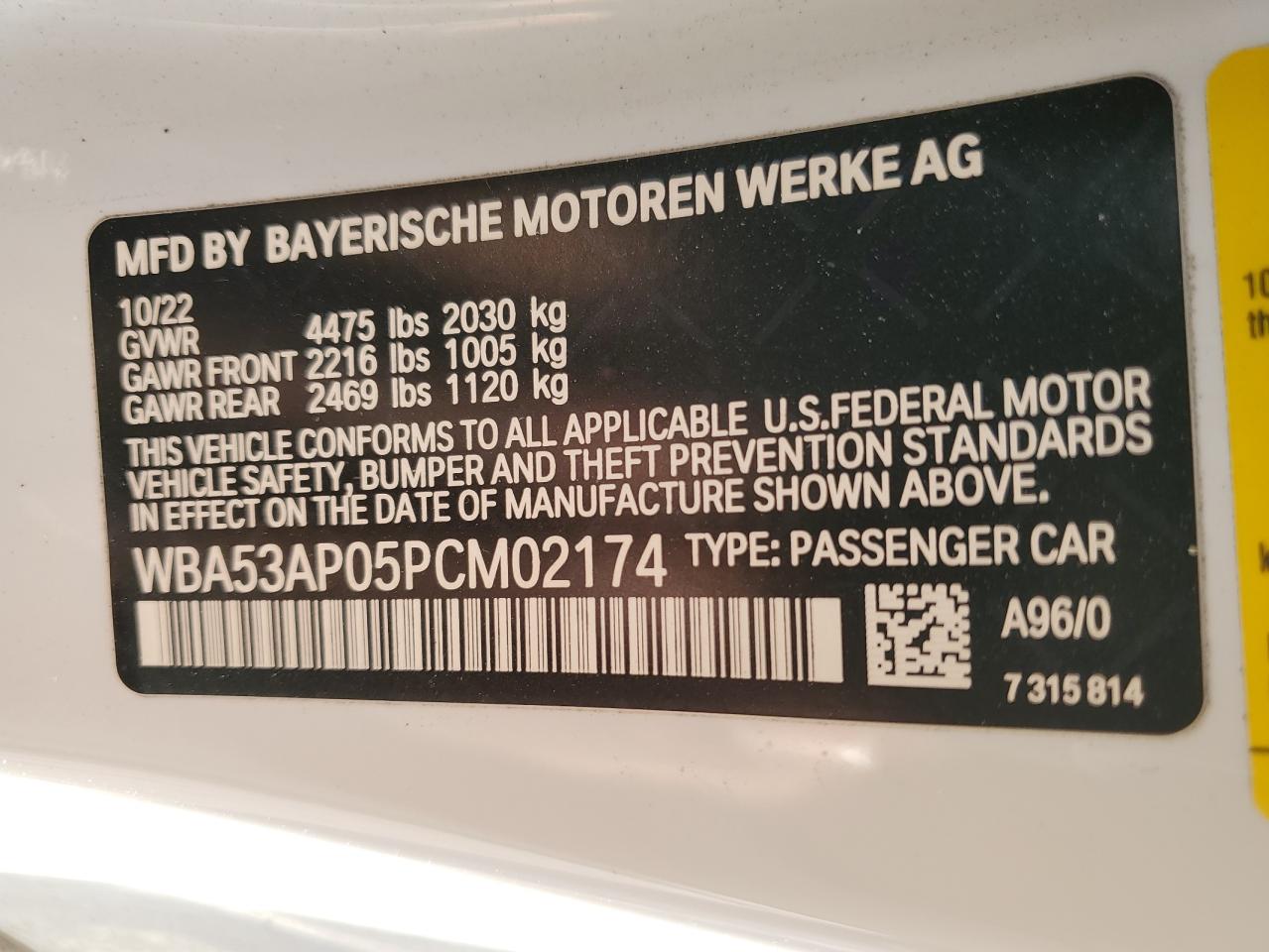2023 BMW 430I  VIN:WBA53AP05PCM02174